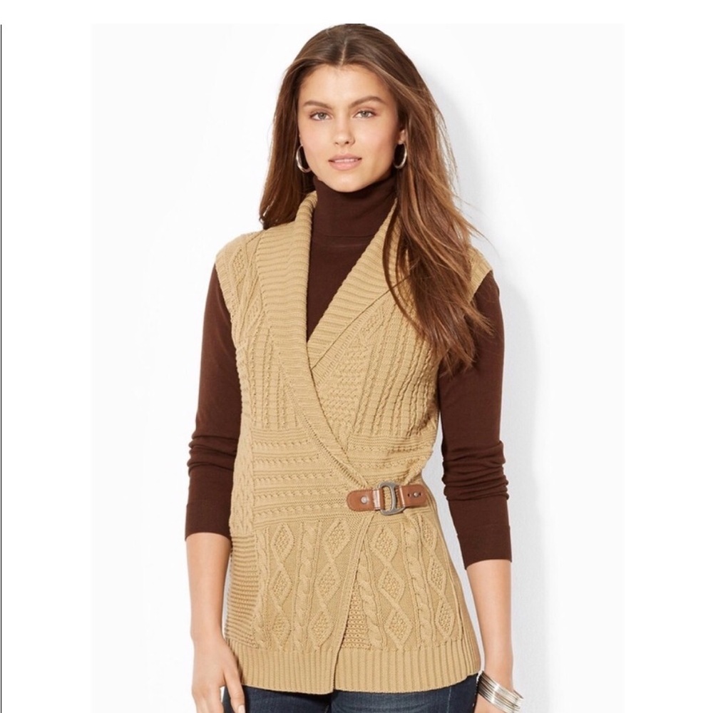 Lauren Ralph Lauren Cable Knit Camel Sweater Vest With Buckle Equestrian 2XL